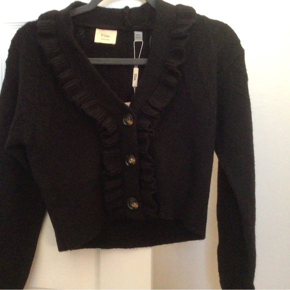 ELIE TAHARI BLACK V-NECK RUFFLED CROPPED KNIT CARDIGAN WITH BUTTONS- SZ XS- BNWT - Picture 2 of 8